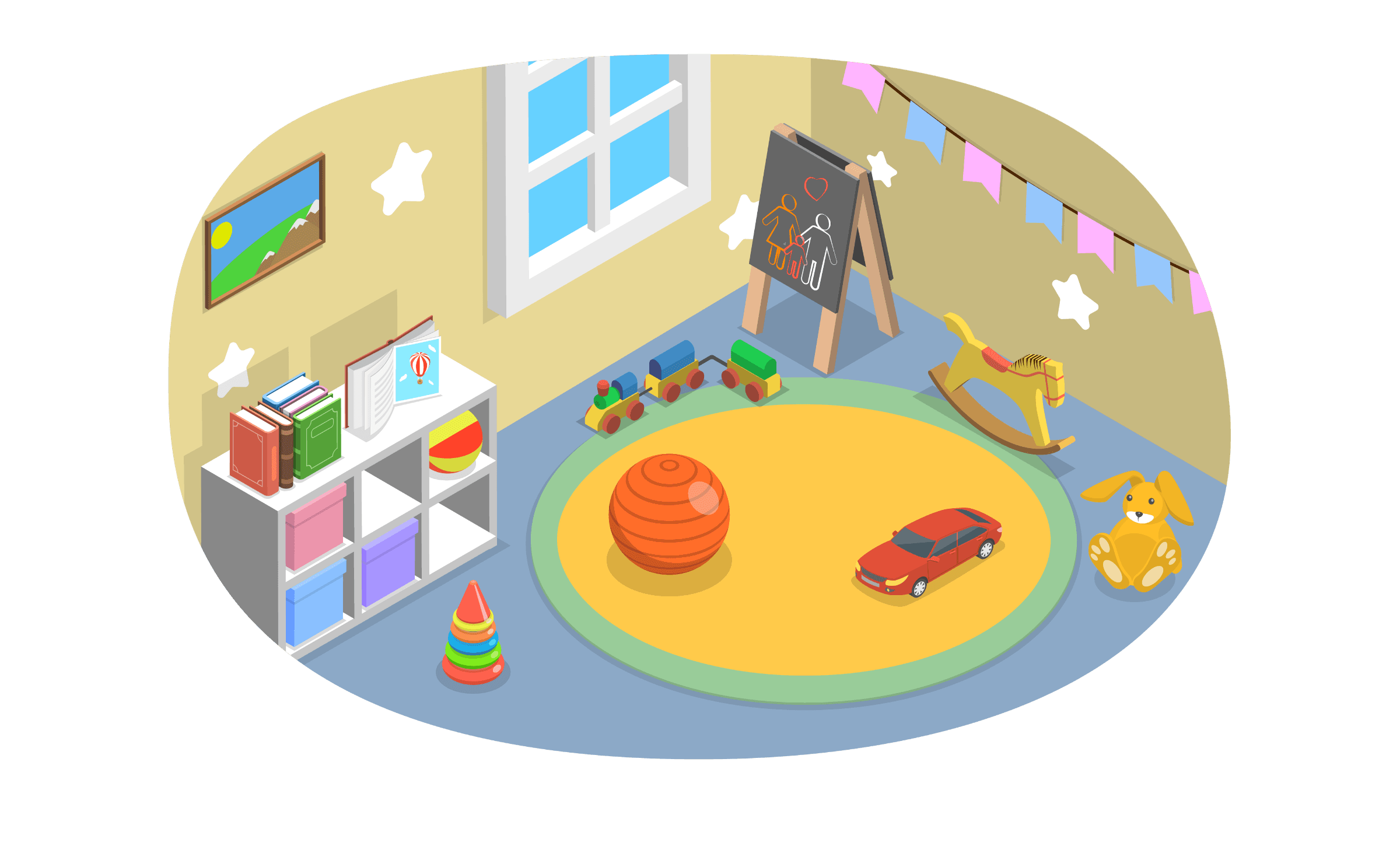 Illustrated childcare playroom with books, toys, blocks, and art board