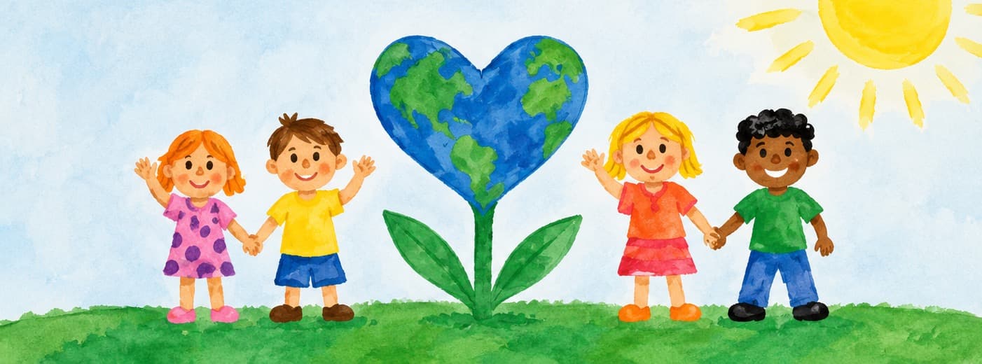 Watercolour children and heart-shaped earth artwork